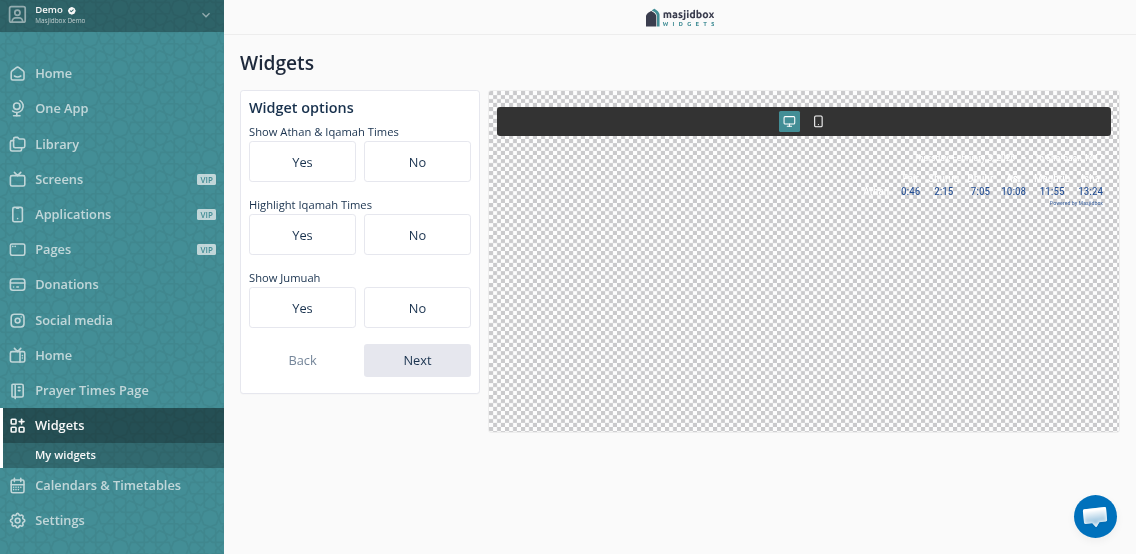 Live preview panel showing widget appearance