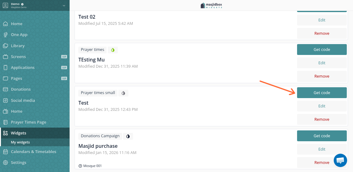 Get code button on widget card in widgets list