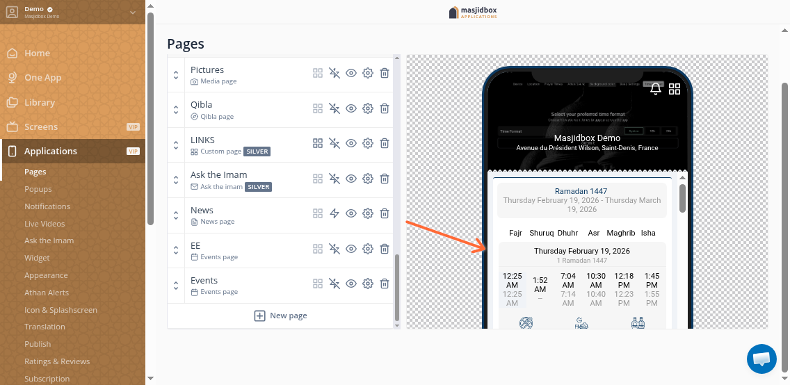 Ramadan Times block settings panel showing toggle options for icons, Imsak, Iftar, and Taraweeh