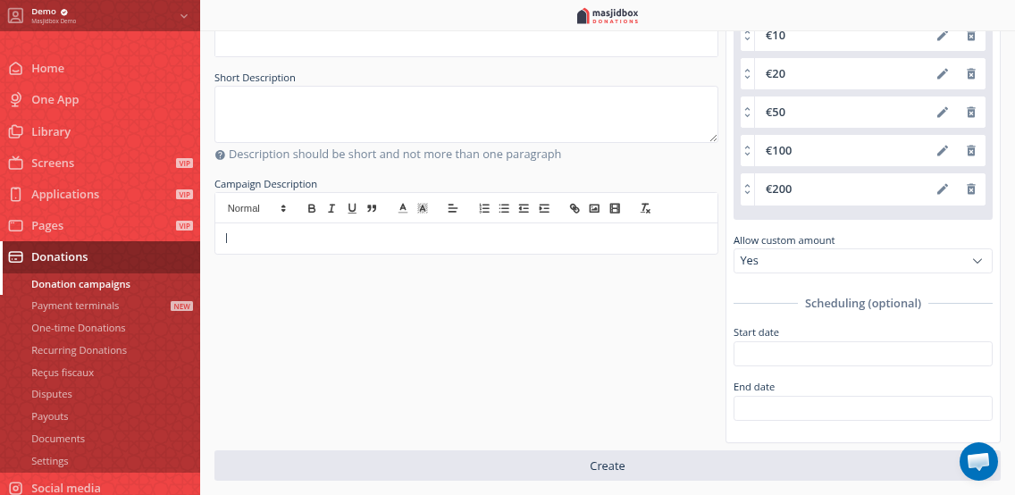 Campaign creation form showing donation type and suggested amounts