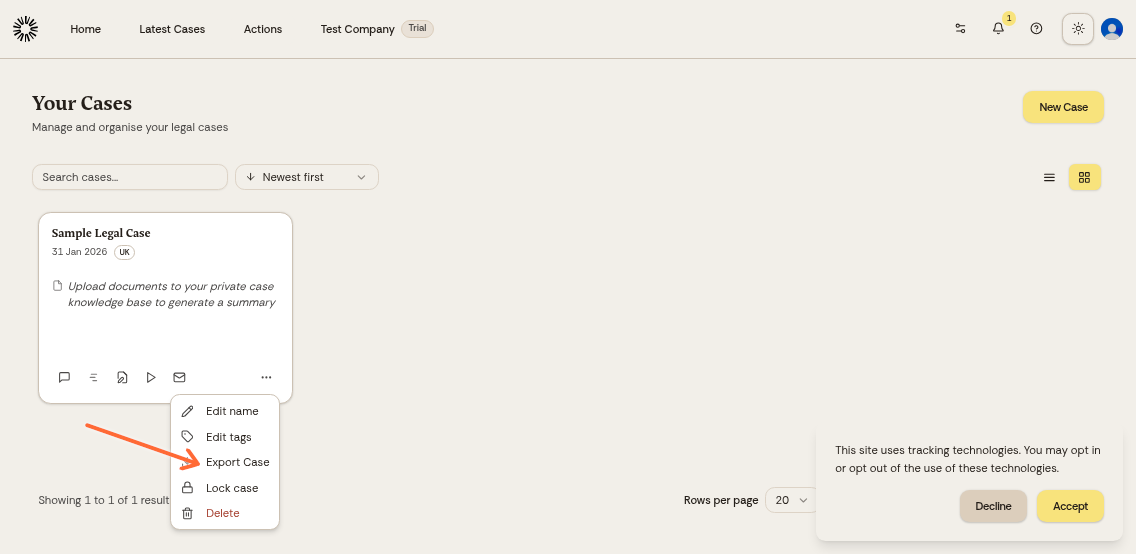 Dropdown menu showing the Export Case option