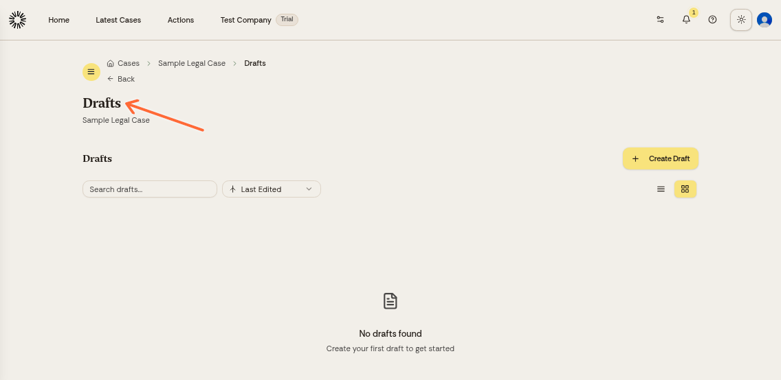 Case sidebar with Drafts menu item highlighted