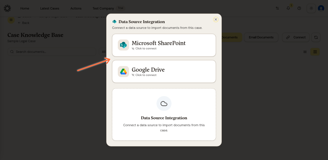 Cloud storage integration options showing SharePoint and Google Drive