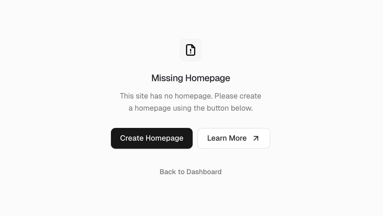 A screenshot of the message you will see when your site doesn't have a homepage