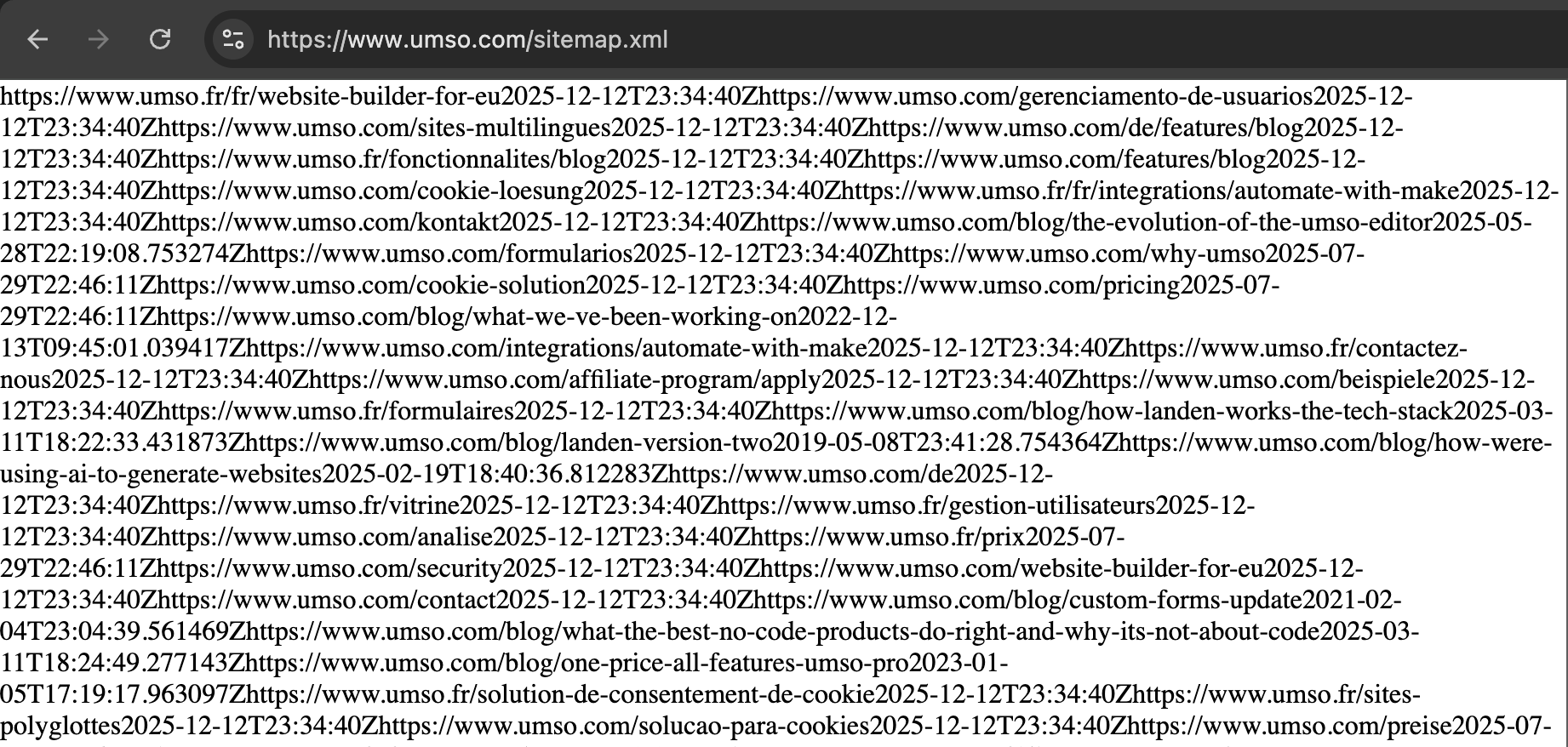 a screenshot showing an unformatted sitemap