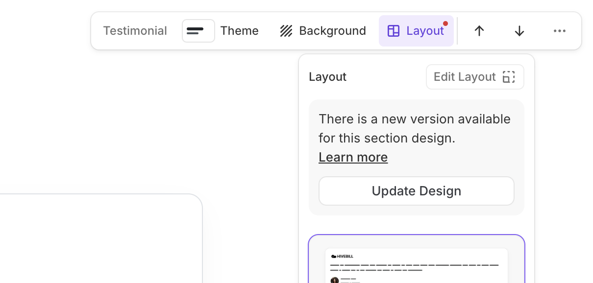 A screenshot of the section update UI