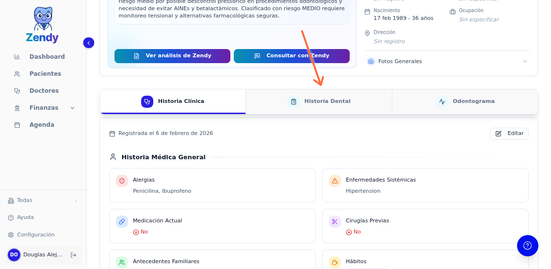 Sección Historia Clínica en el expediente del paciente