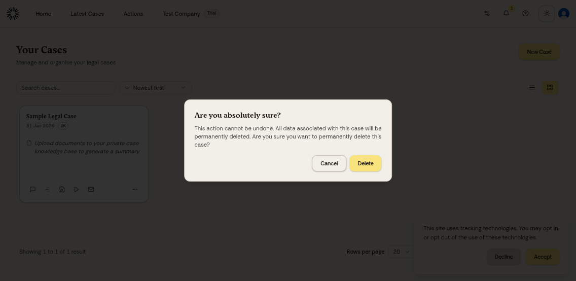 Confirmation dialog for deleting a case