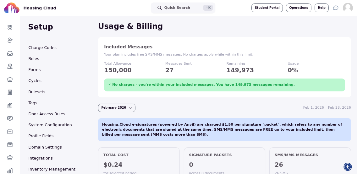 Usage page showing calendar with SMS/MMS and signature packet charges