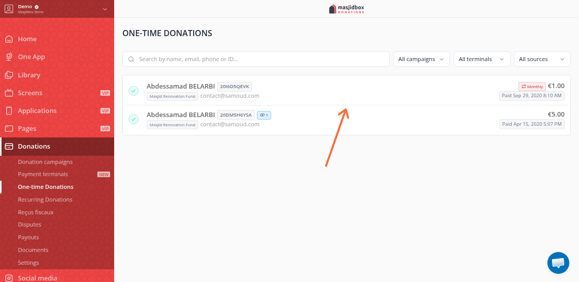 One-time Donations list showing donation rows