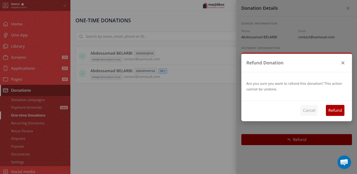 Refund confirmation modal with warning message