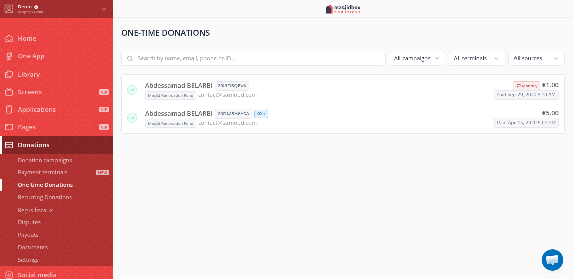 Donation details showing Refunded status badge