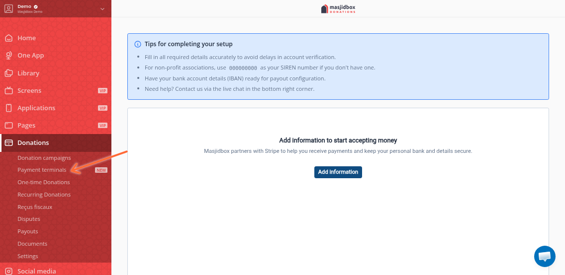 Select Payment terminals from the Donations menu
