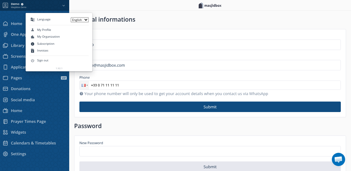 Account profile page showing name and email fields