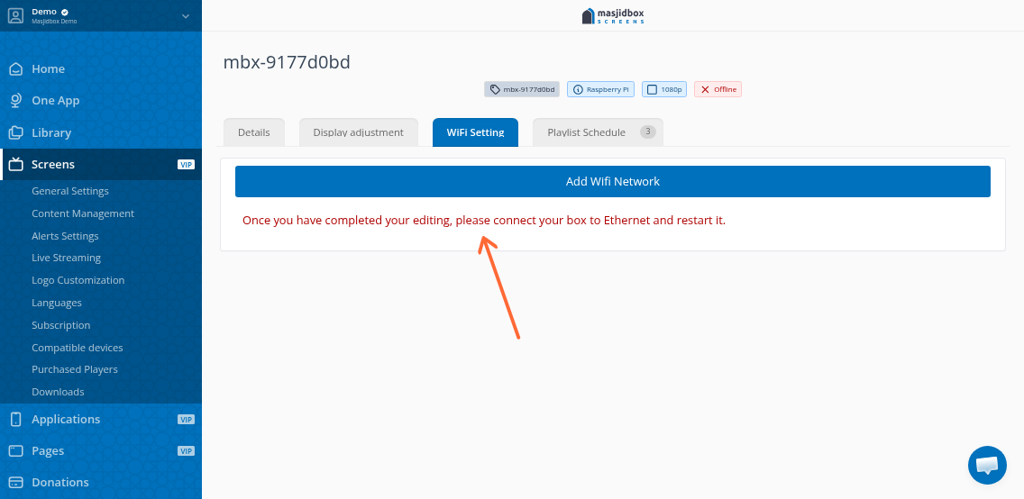 WiFi settings form showing the Ethernet connection reminder