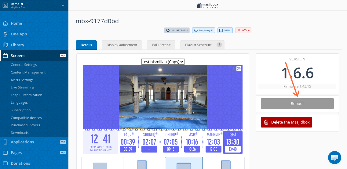 Click the green Reboot button to restart your device