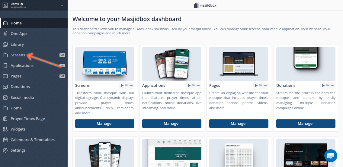 Masjidbox dashboard highlighting the Screens option in the navigation menu