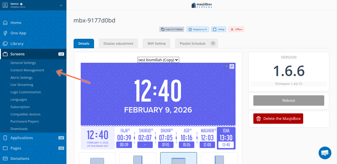 Screen box view with Content Management tab highlighted