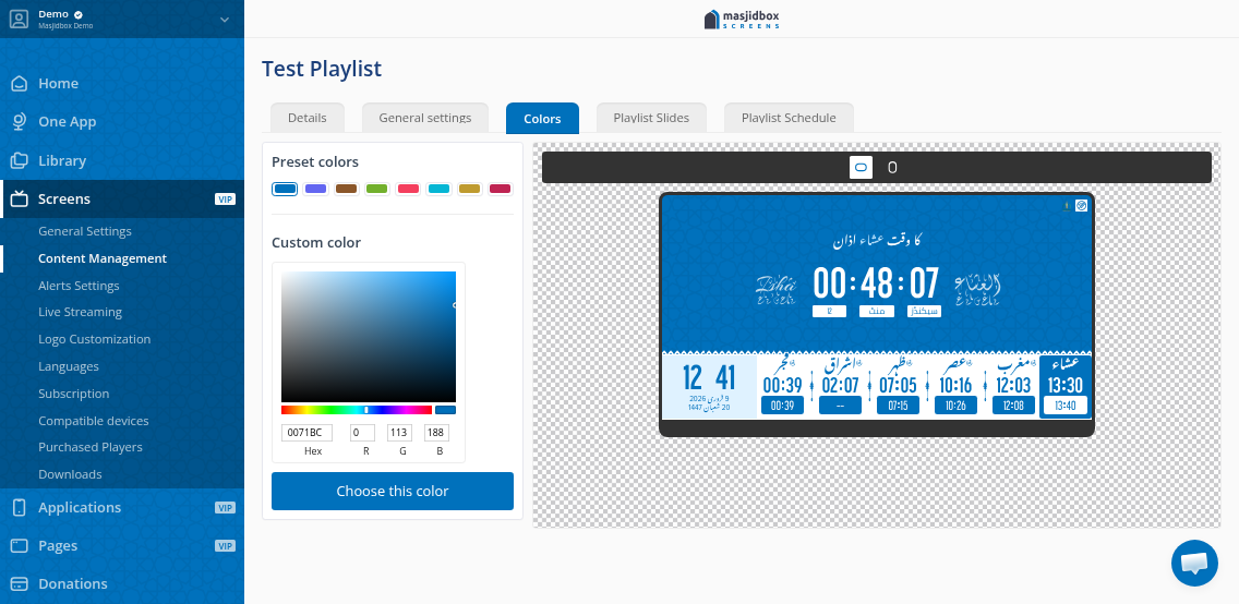 Playlist color customization interface with theme presets and color pickers