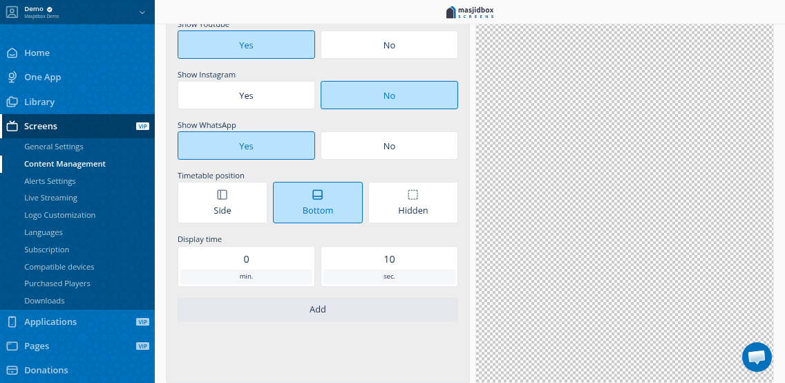 Social media links configuration form with fields for Facebook, Instagram, YouTube, Twitter, and WhatsApp