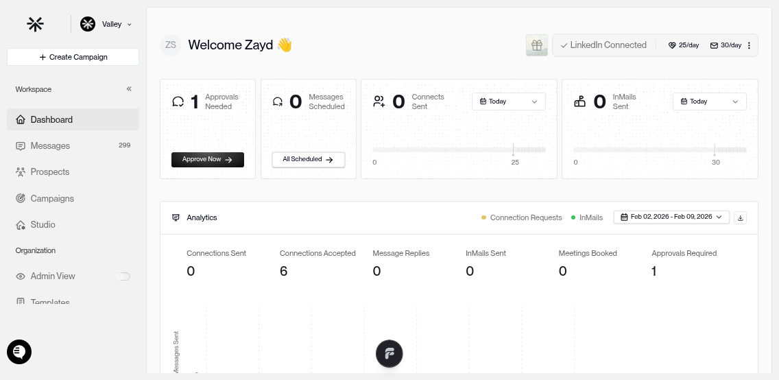 Valley dashboard showing main navigation panel with campaigns, leads, settings, and analytics sections