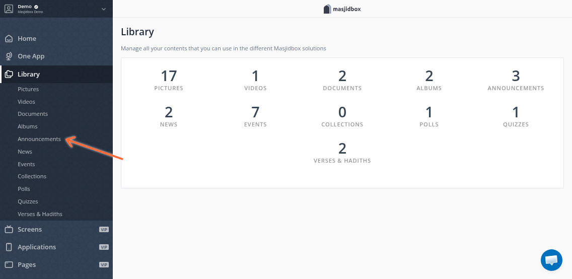 Select Announcements from the Library section