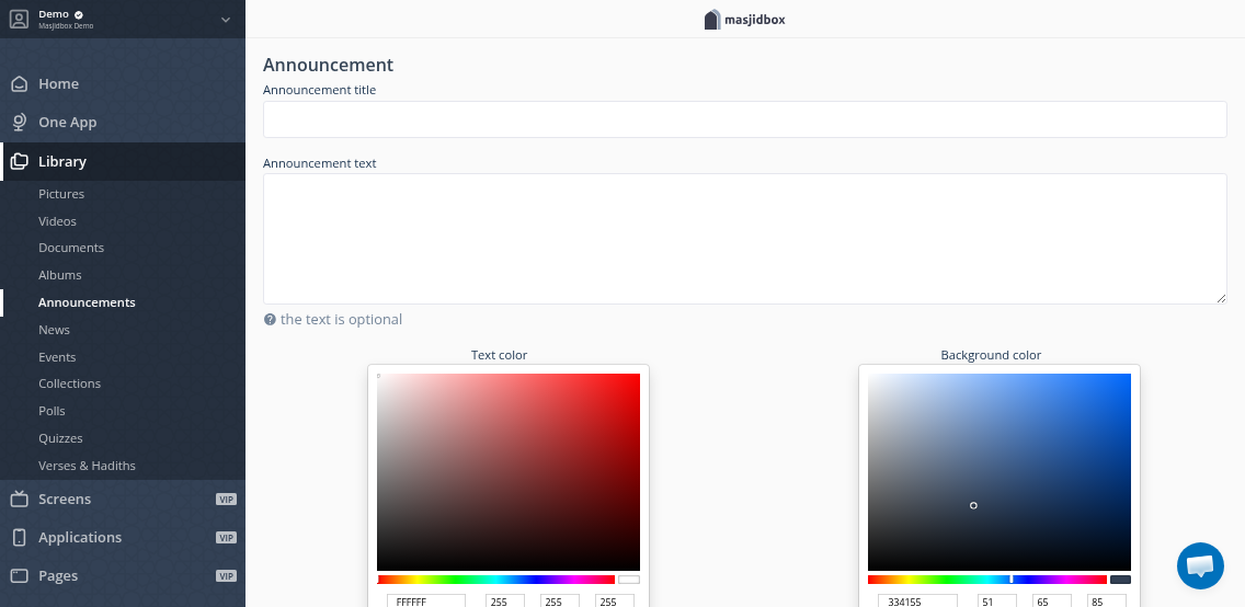 Fill in the announcement title and text fields