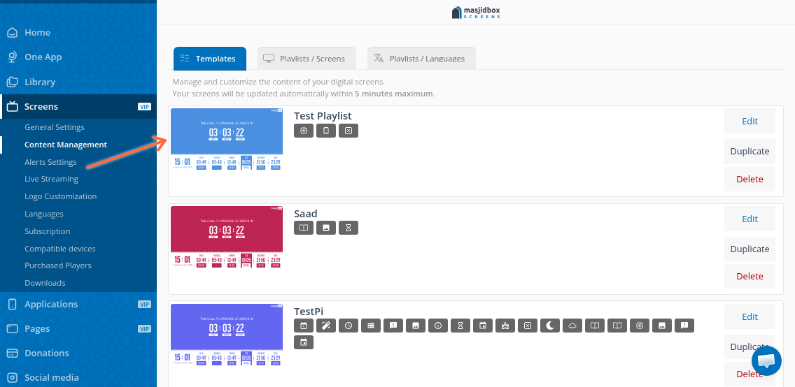 Select the playlist to edit in Content Management