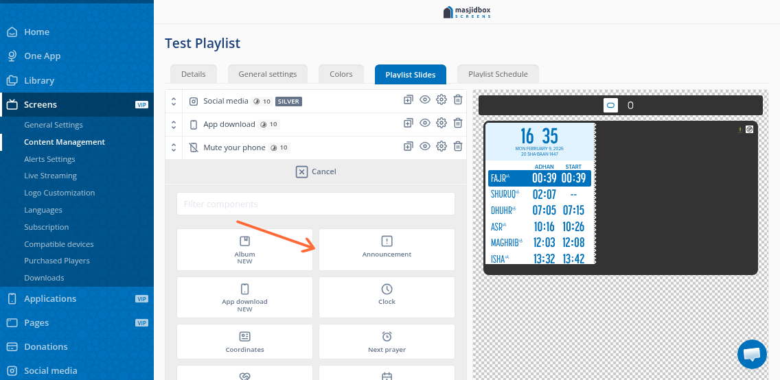 Select Announcement from the component options