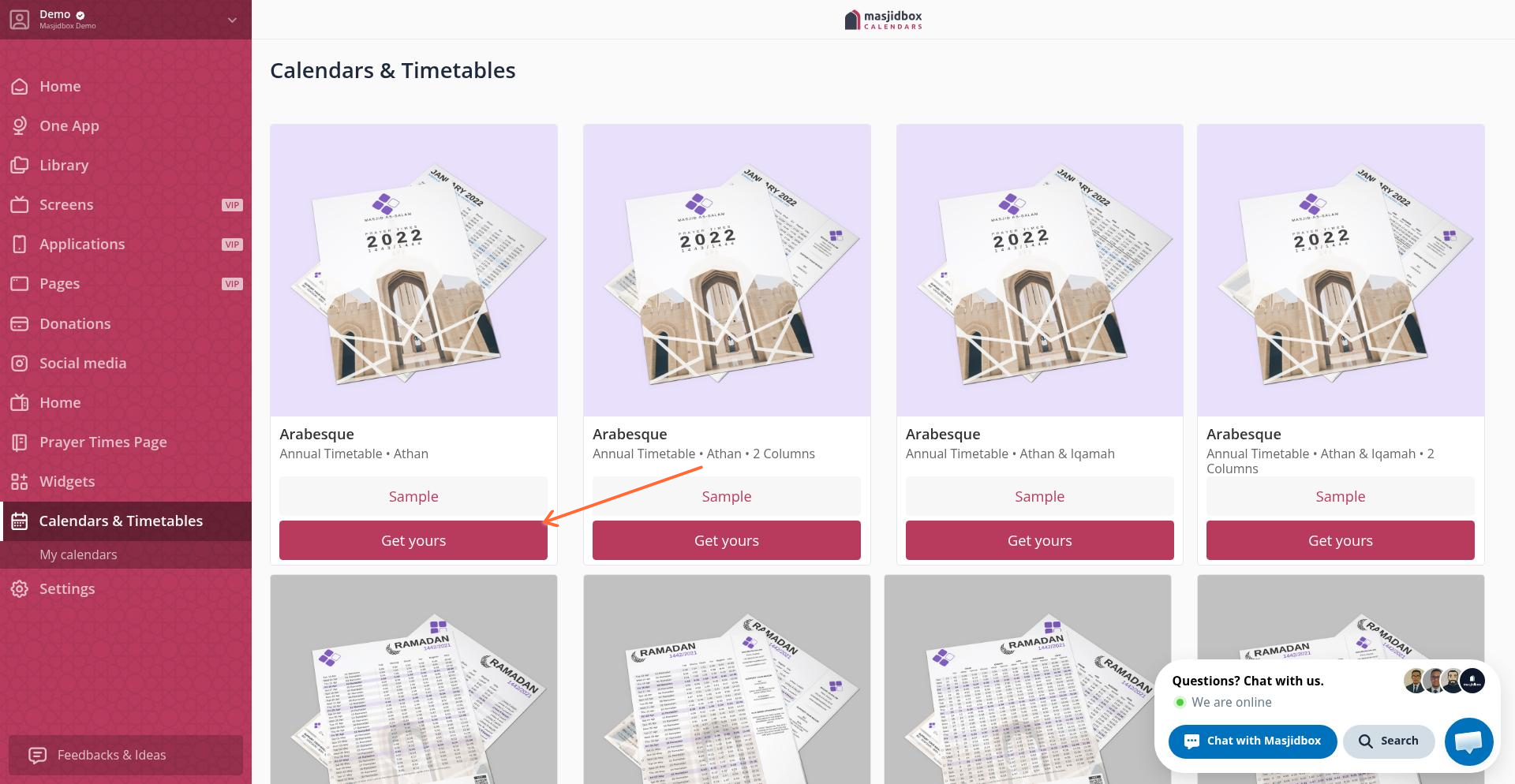 Calendars templates page showing Get yours button on template cards