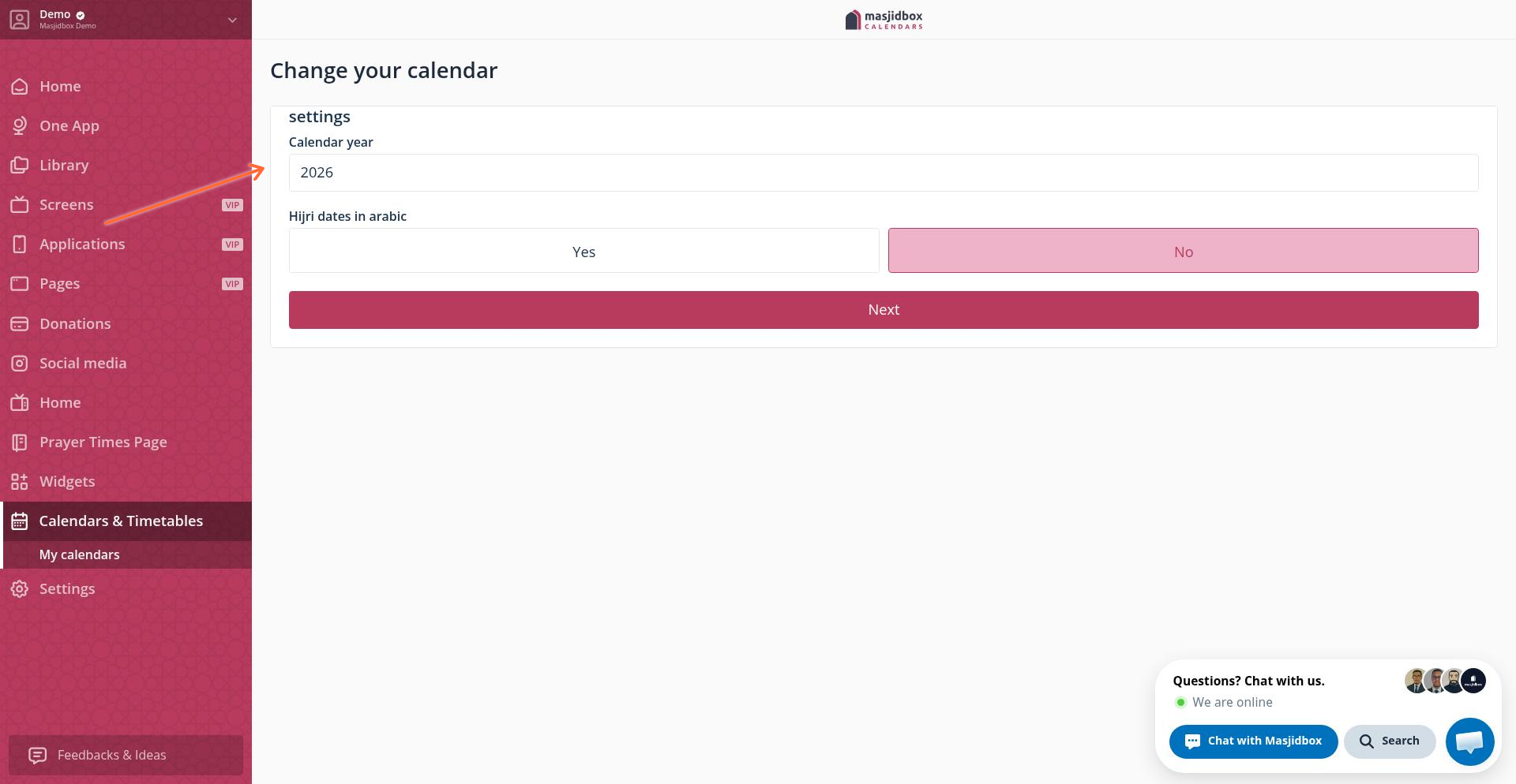 Calendar settings showing year selection and highlight options