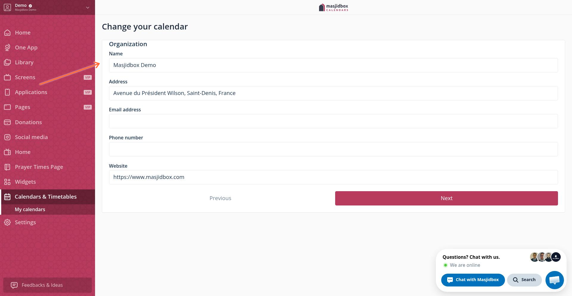 Organization information fields for mosque name and contact details