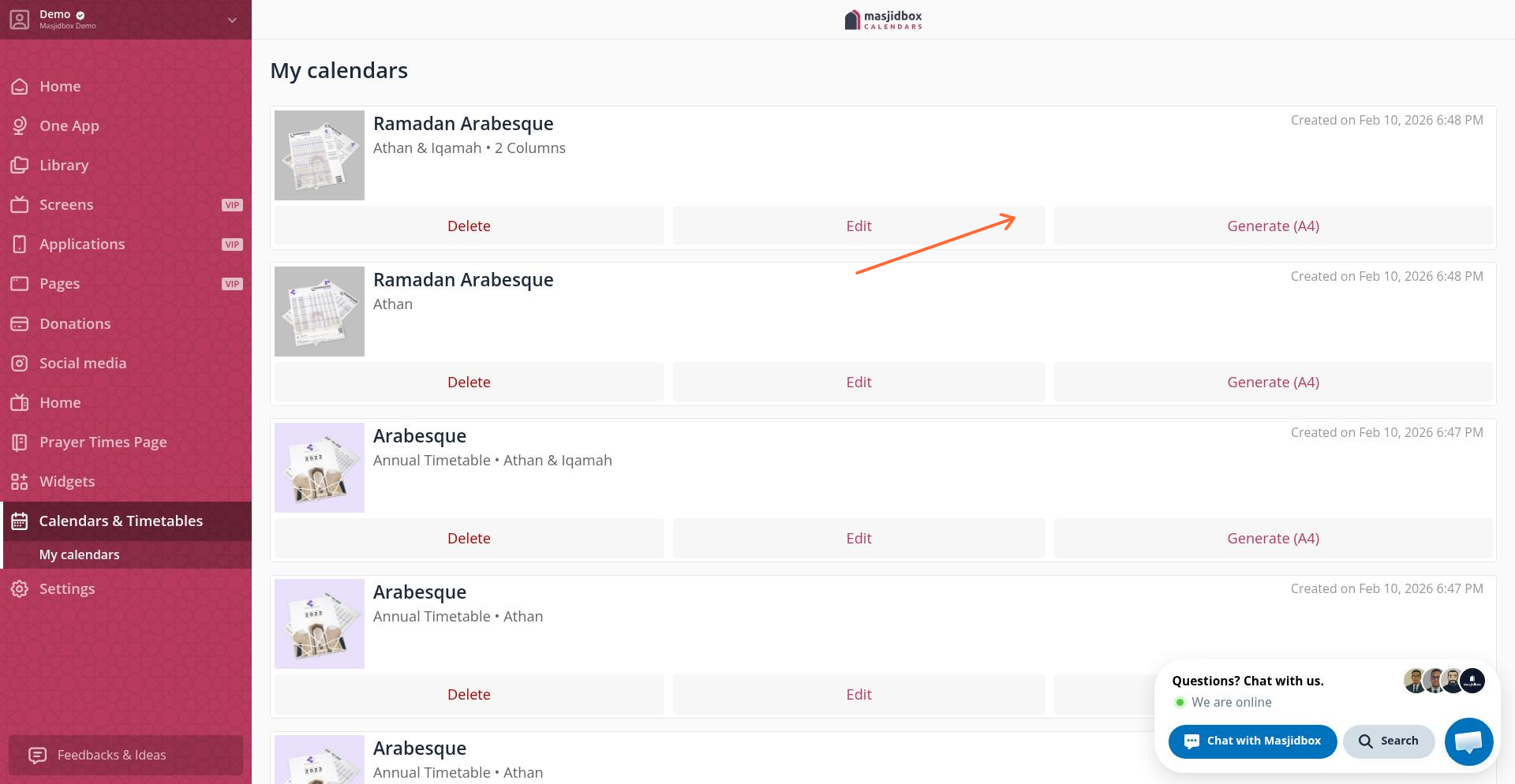 Generate A4 button to create the final printable calendar PDF