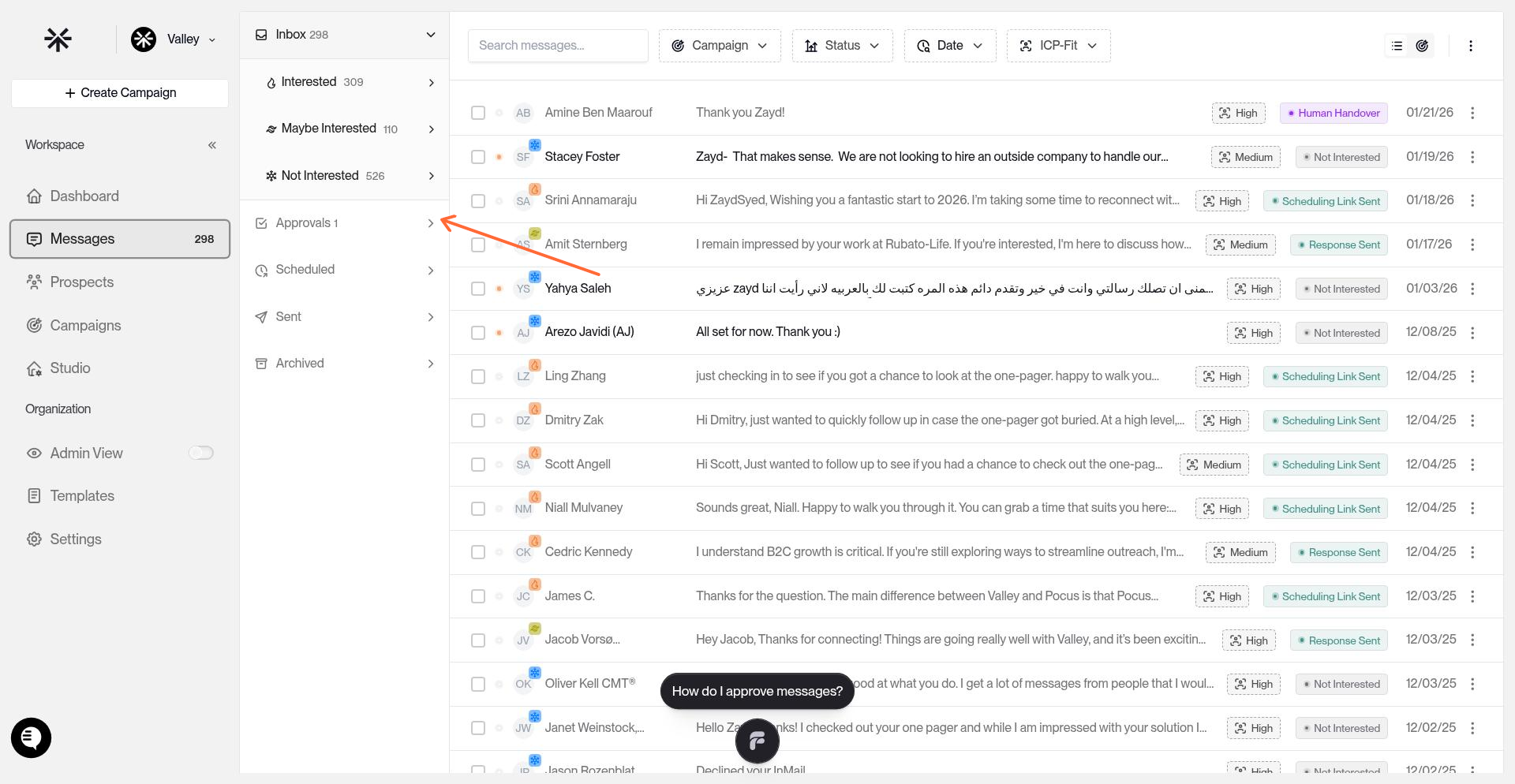 Left sidebar showing Approvals link with pending count