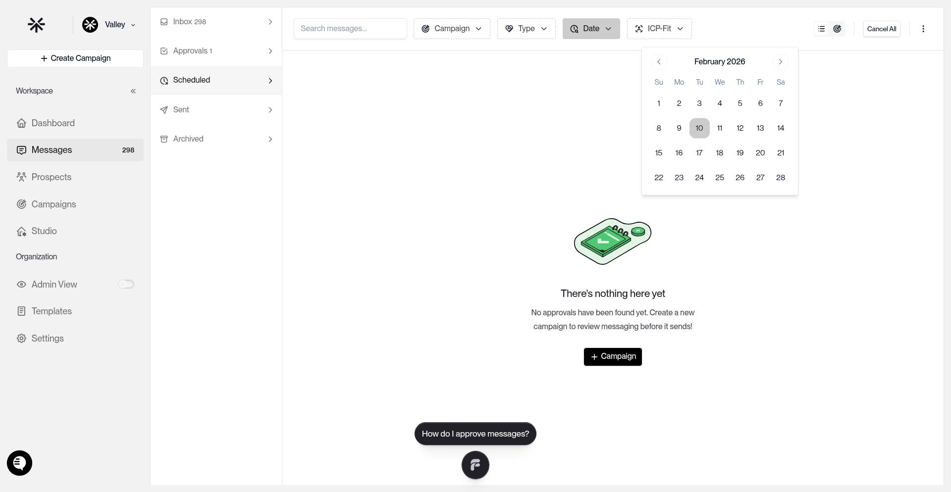 Date filter dropdown showing Today, Tomorrow, This Week, Next Week, and Custom Range options