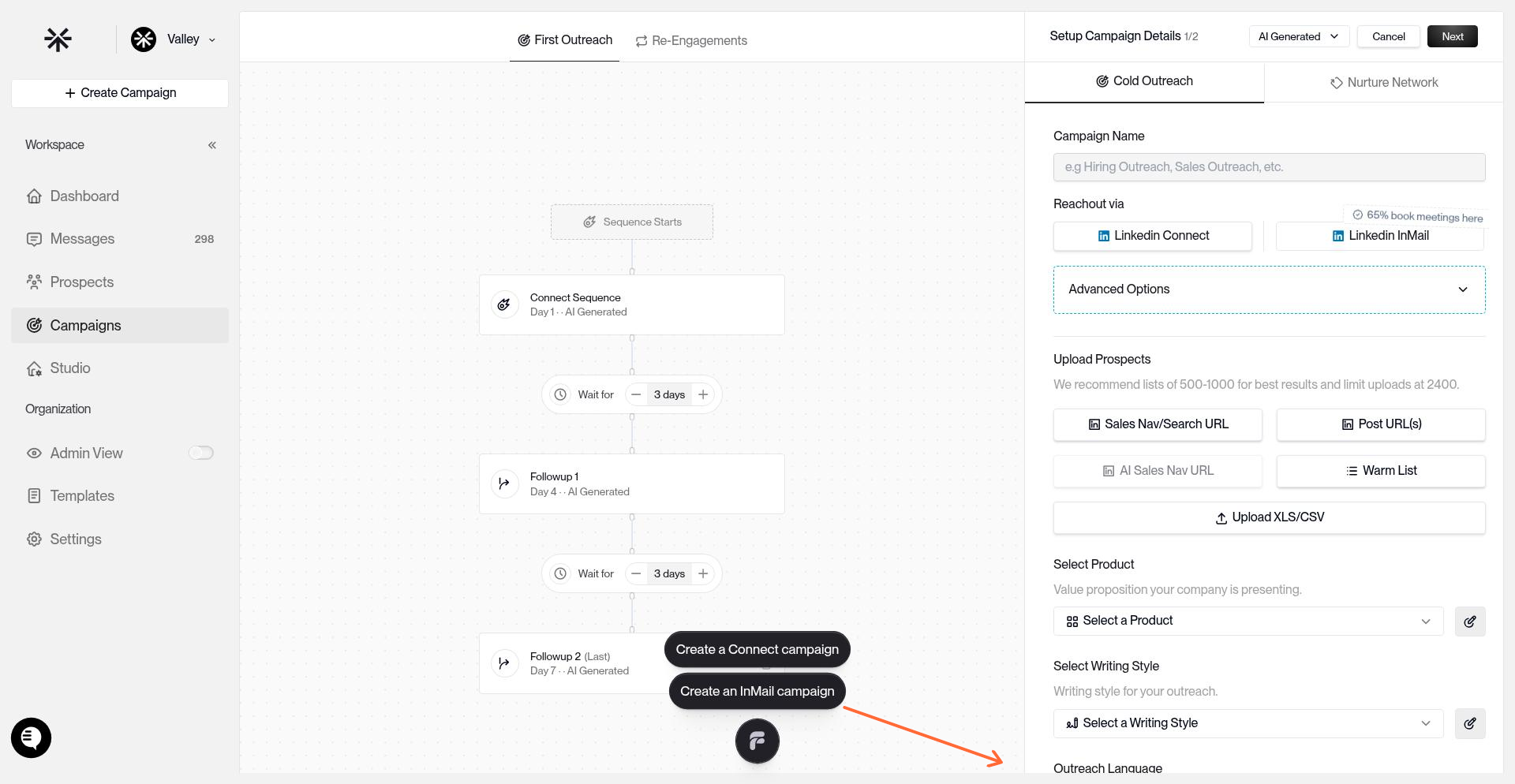 Outreach Language dropdown in campaign creation form