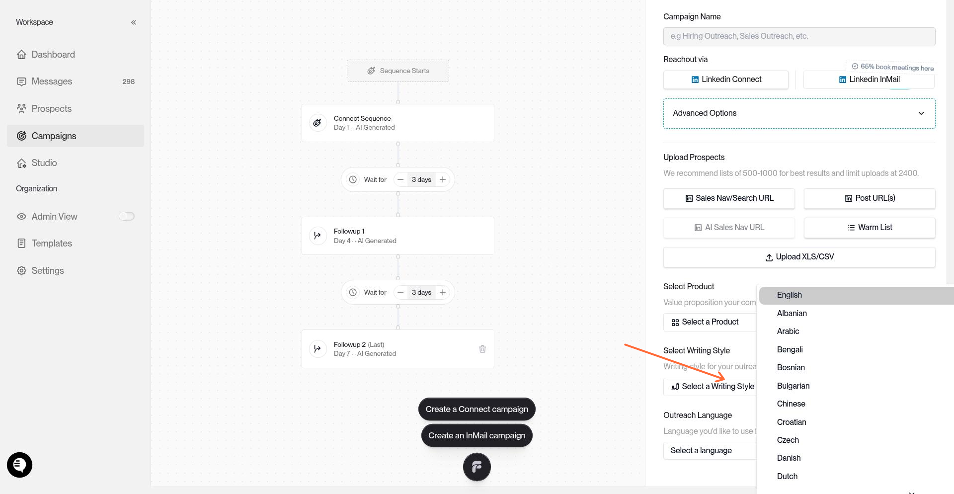 Expanded language options dropdown showing all 39 available languages