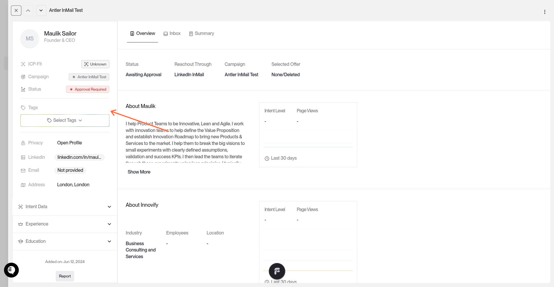 Tags section in prospect detail drawer with Select Tags button