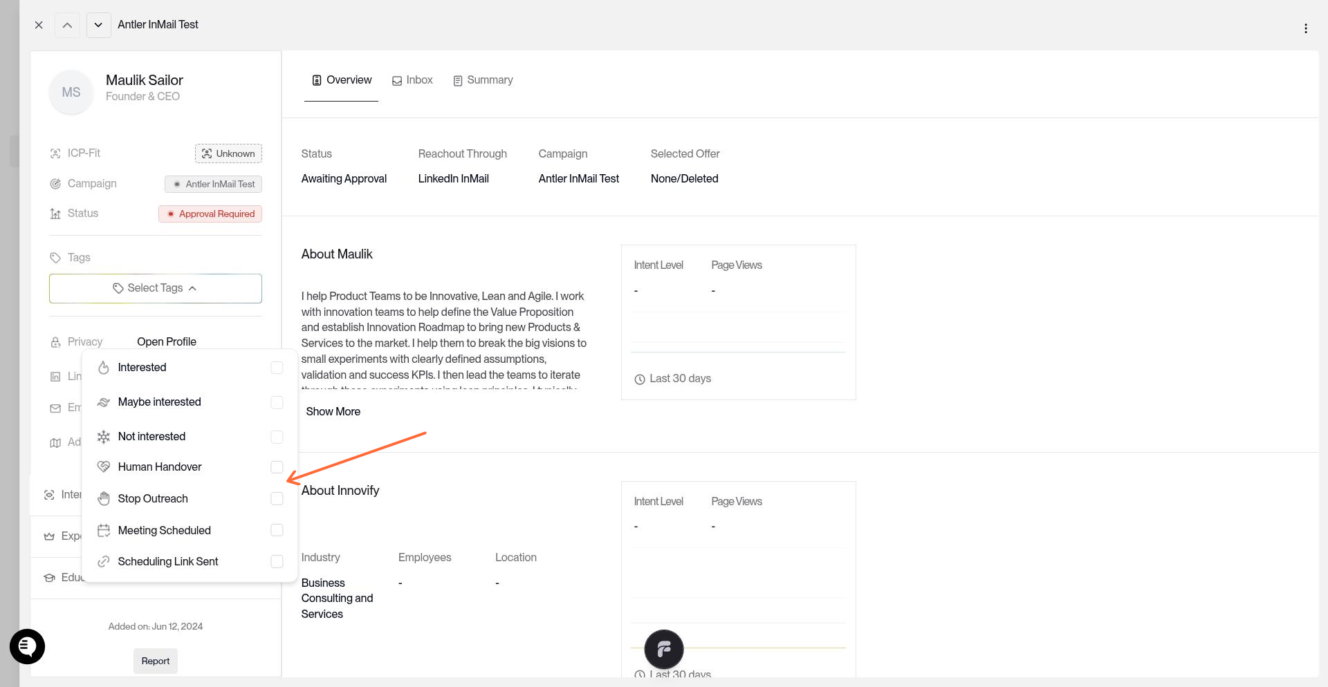 Tag selection popover with Stop Outreach checkbox highlighted