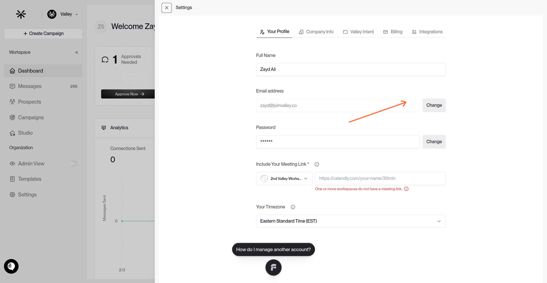 Account settings showing email address with Change button highlighted