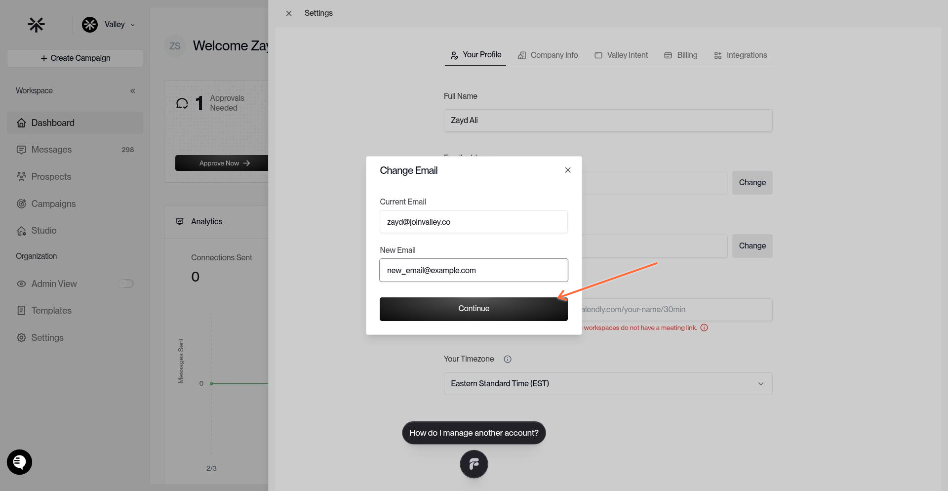 Email change form with new email input and Continue button