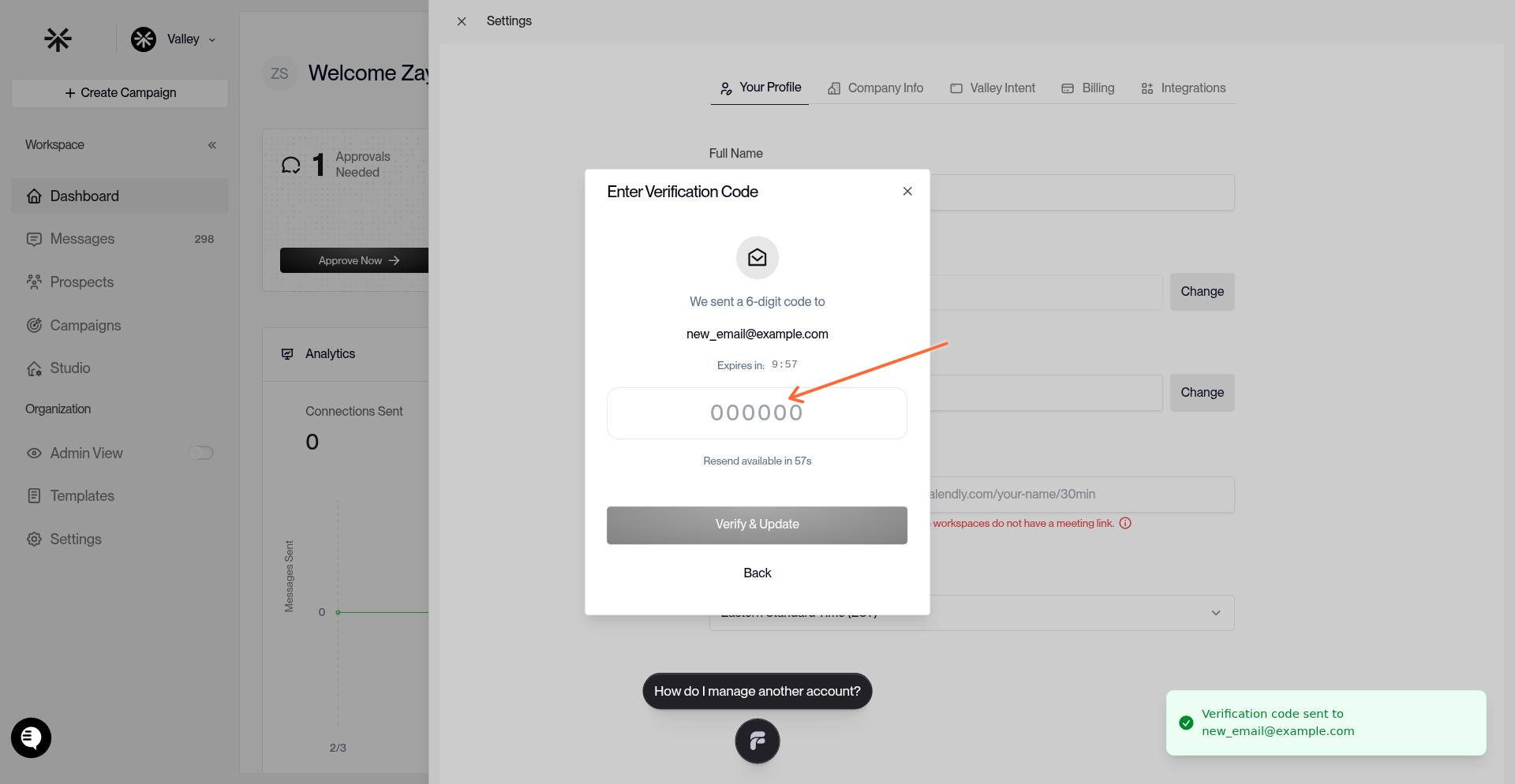 Verification code input field with 6-digit code entry