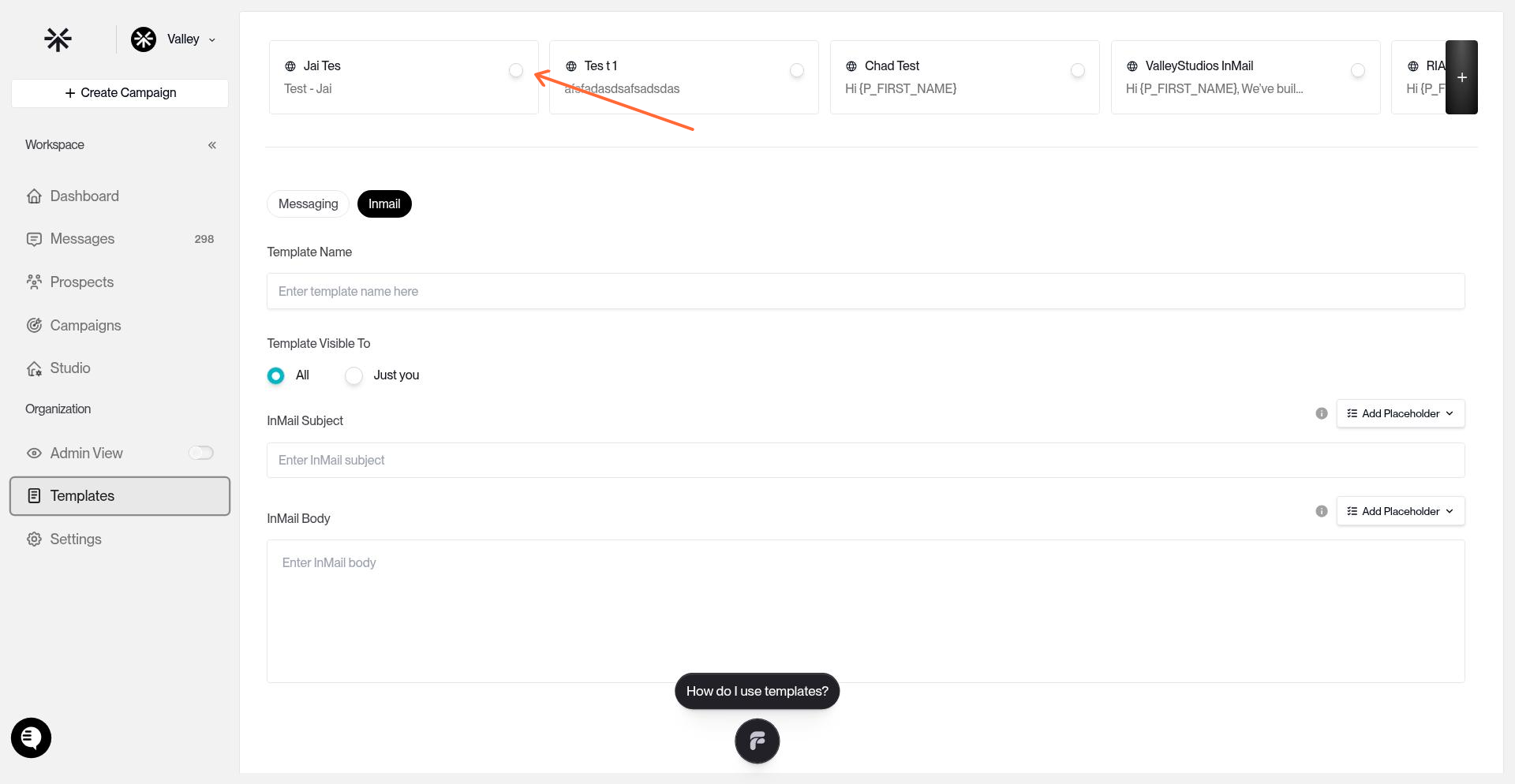 Template tabs showing available templates in the editor