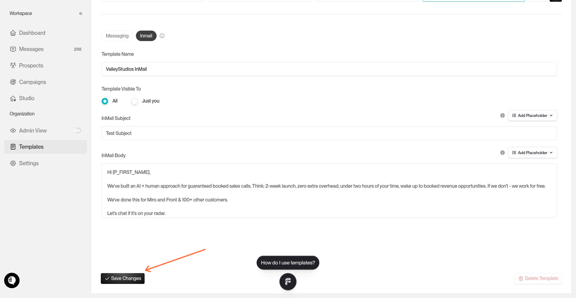 Save Changes button in the template editor