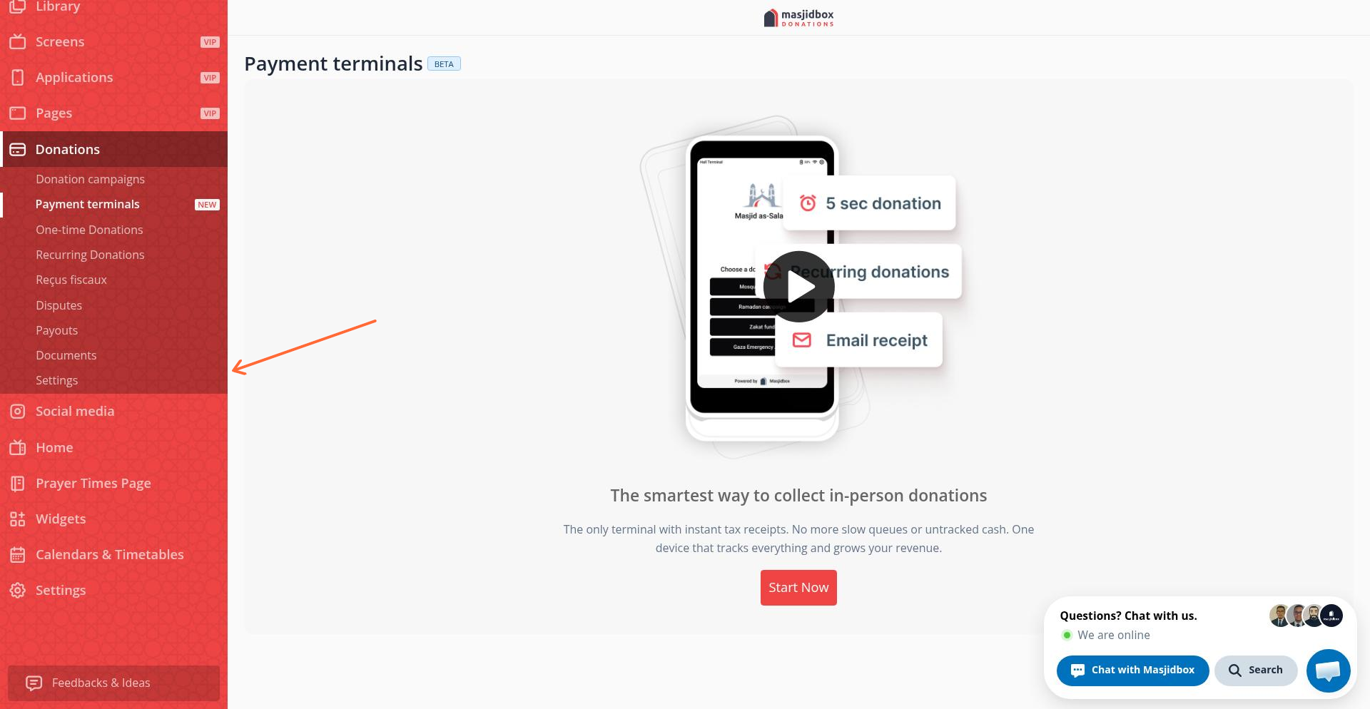 Settings link in the Donations sidebar
