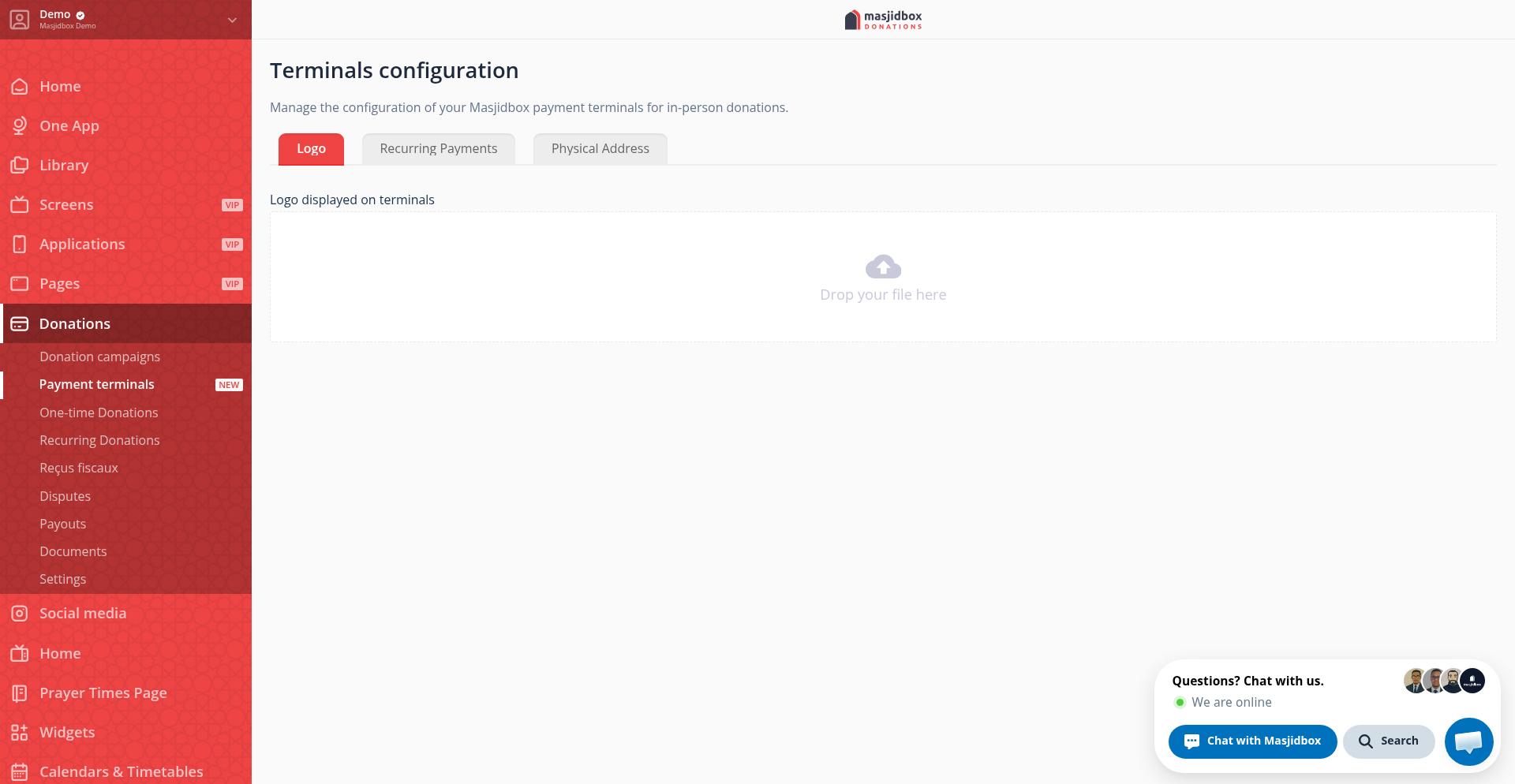 Logo upload interface with drag and drop zone