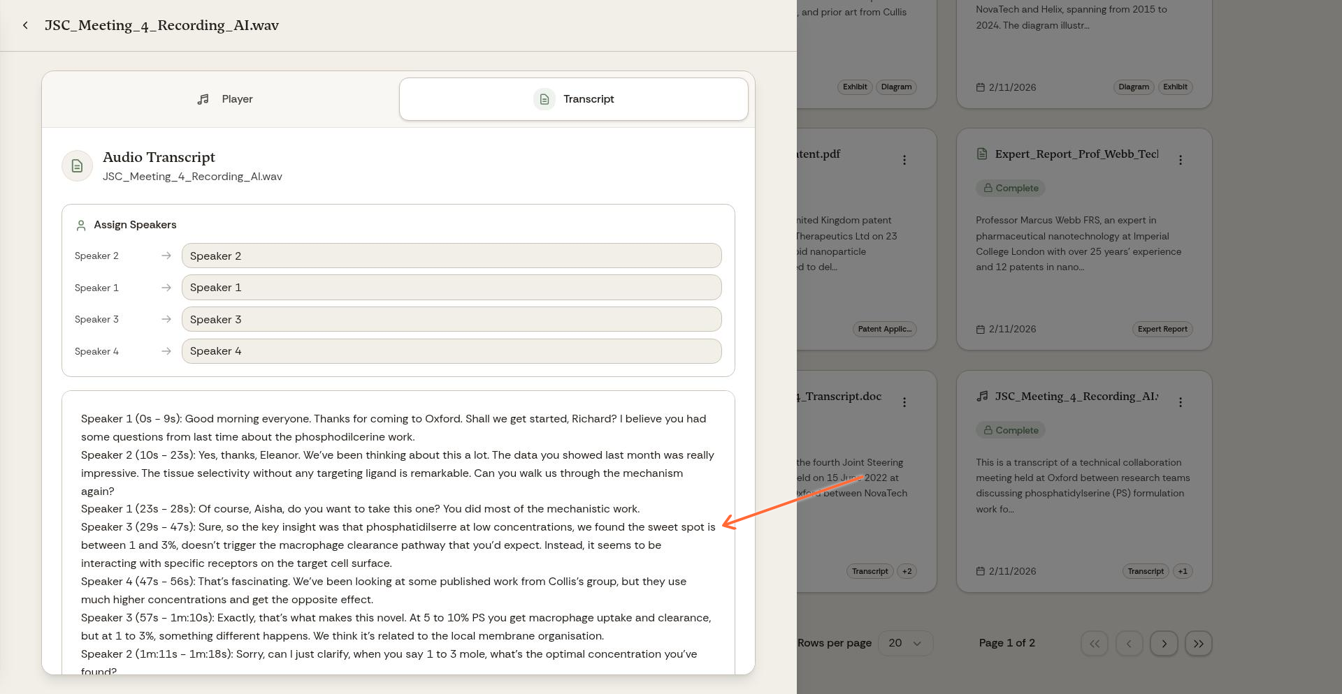 Transcript view with speaker labels