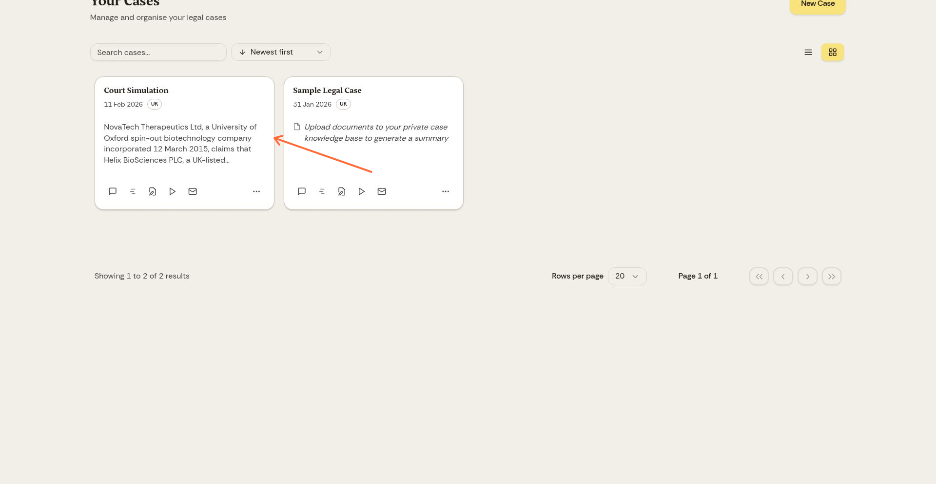 Cases dashboard showing the Court Simulation case card