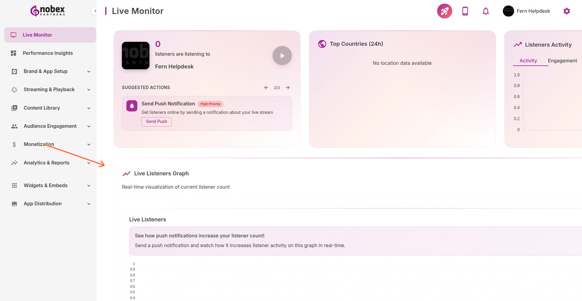 Live Monitor dashboard showing real-time listener graph and activity map