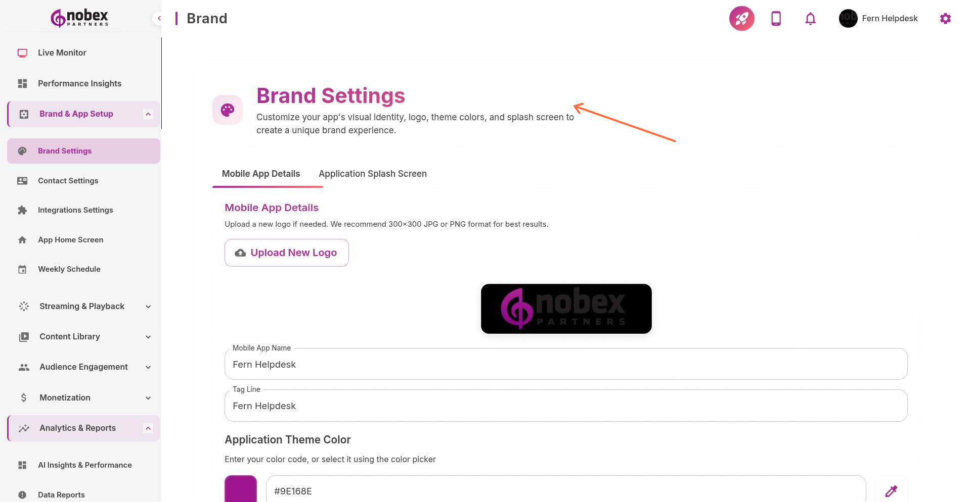 Brand Settings page with customization options